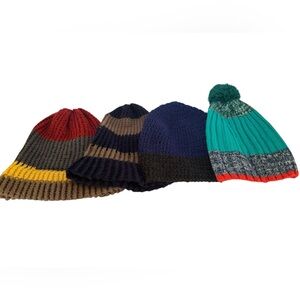 Bundle of‎ 4 Knit Winter Beanies – Striped & Colorblock Pom Pom Hats